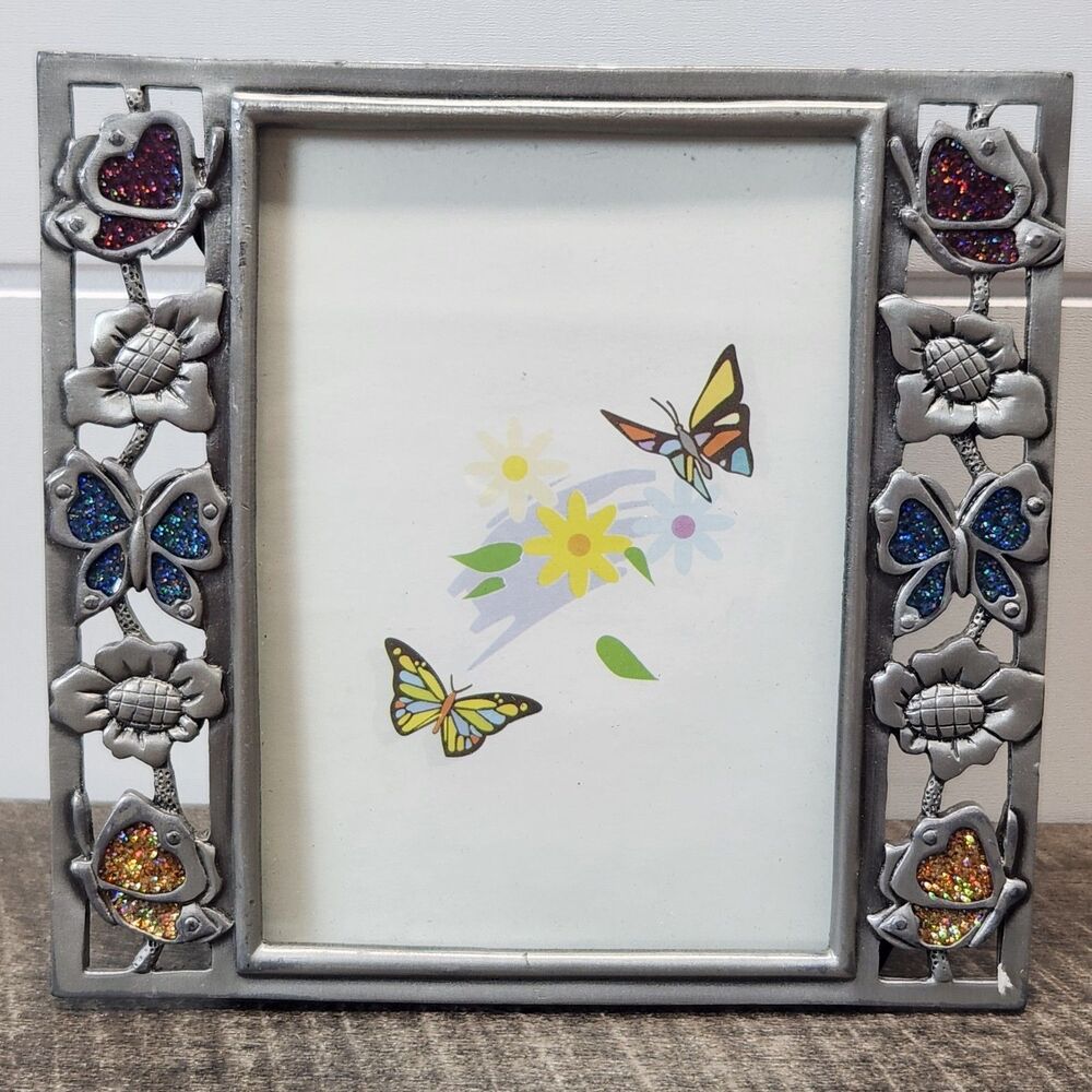 Floral Butterfly Glitter Enamel Decorative Photo Frame Metal  4.5"x3.25"